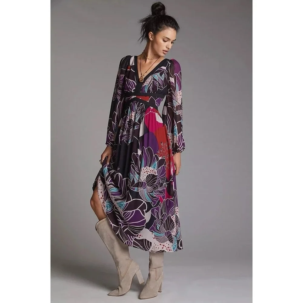 Anthropologie Let Me Be Floral Modi Black Motif Dress Size XSmall - Picture 1 of 4